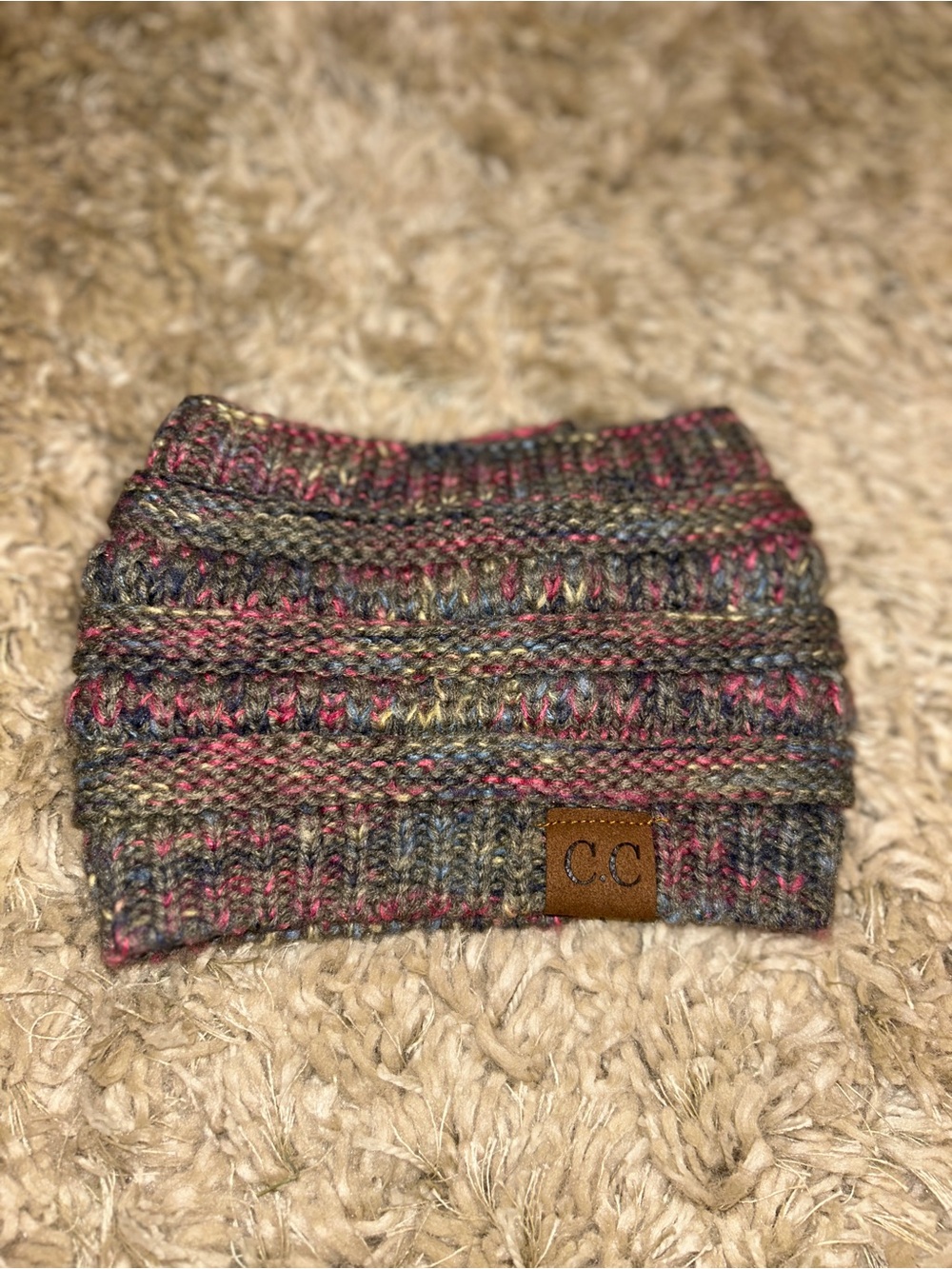 C.C Kids Multicolor Knit Headband with Brown Leather Logo